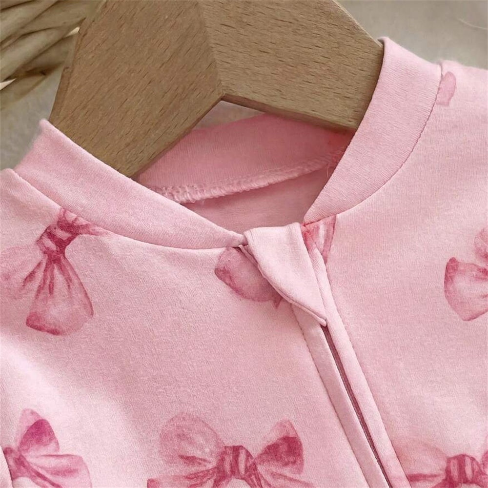 2PCS Quirky Bow Print Long Sleeve Zipper Baby Girl Jumpsuit