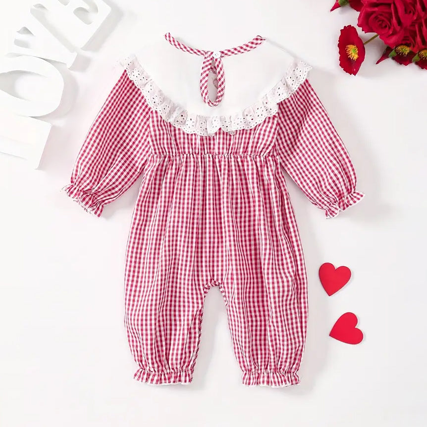 Adorable Plaid Printed Lace Trim Long Sleeve Baby Jumpsuit