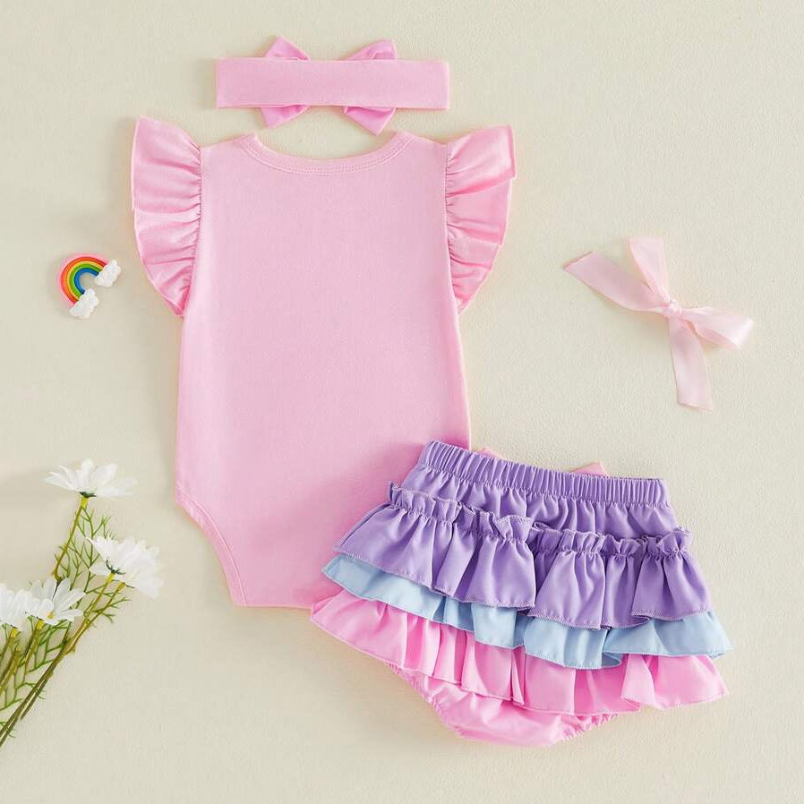 3PCS Sweet Daisy Appliqué Flutter Sleeve Baby Girl Set