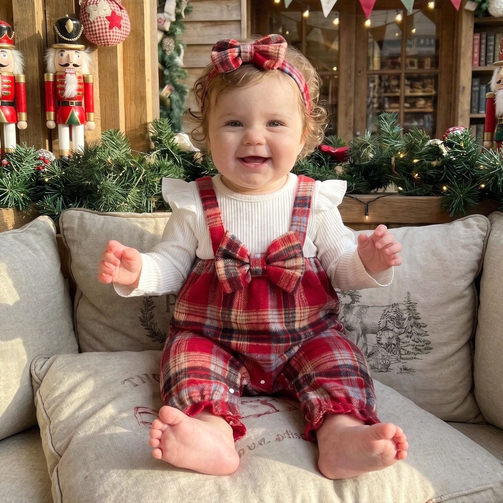 2PCS Chic Color Block Plaid Printed Long Sleeve Baby Girl Jumpsuit