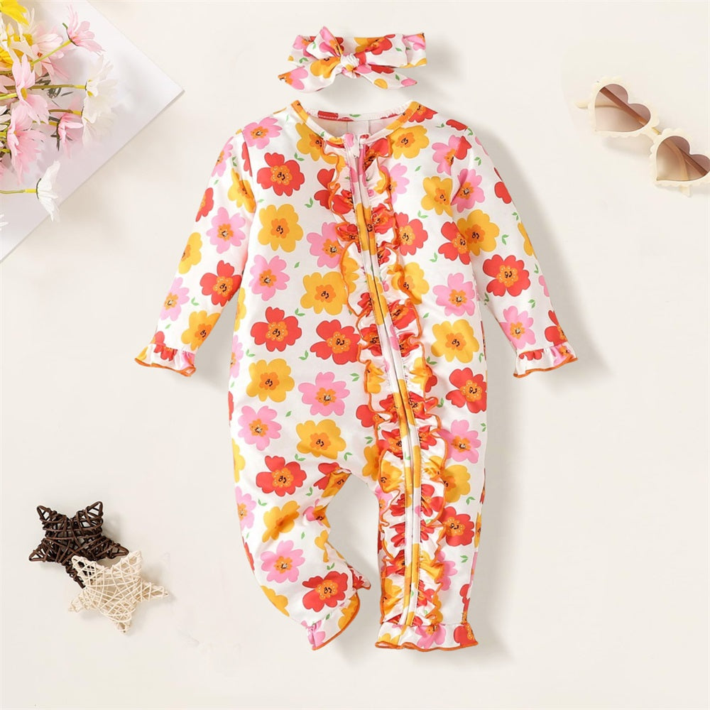 2PCS Allover Floral Print Long Sleeve Baby Jumpsuit