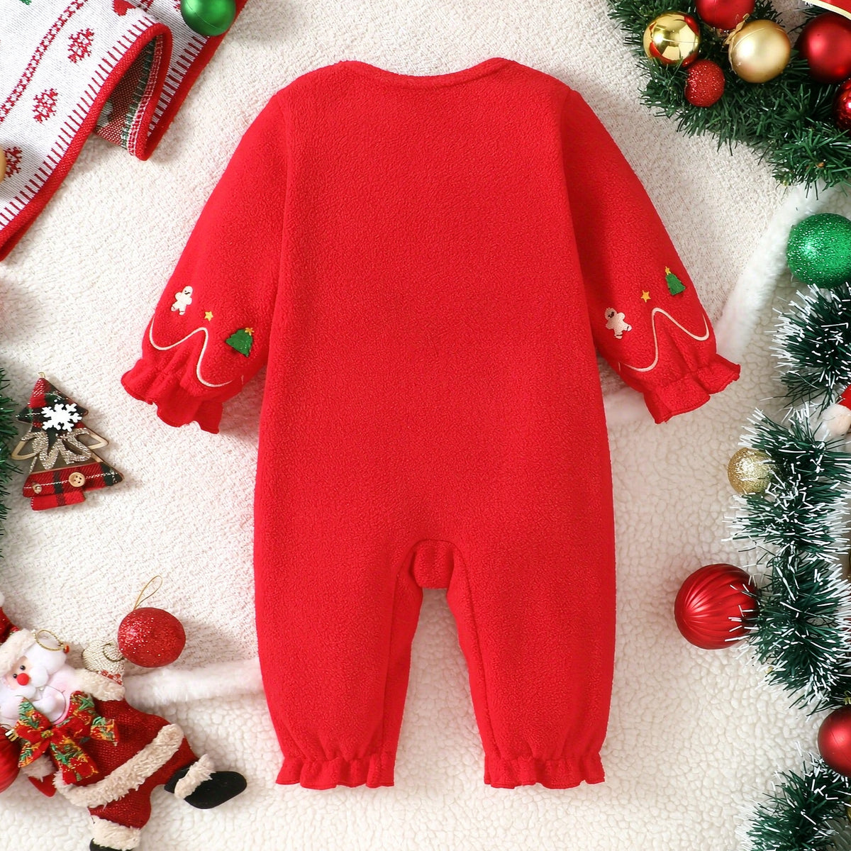 Color Block Holiday Print Fleece Long Sleeve Baby Jumpsuit