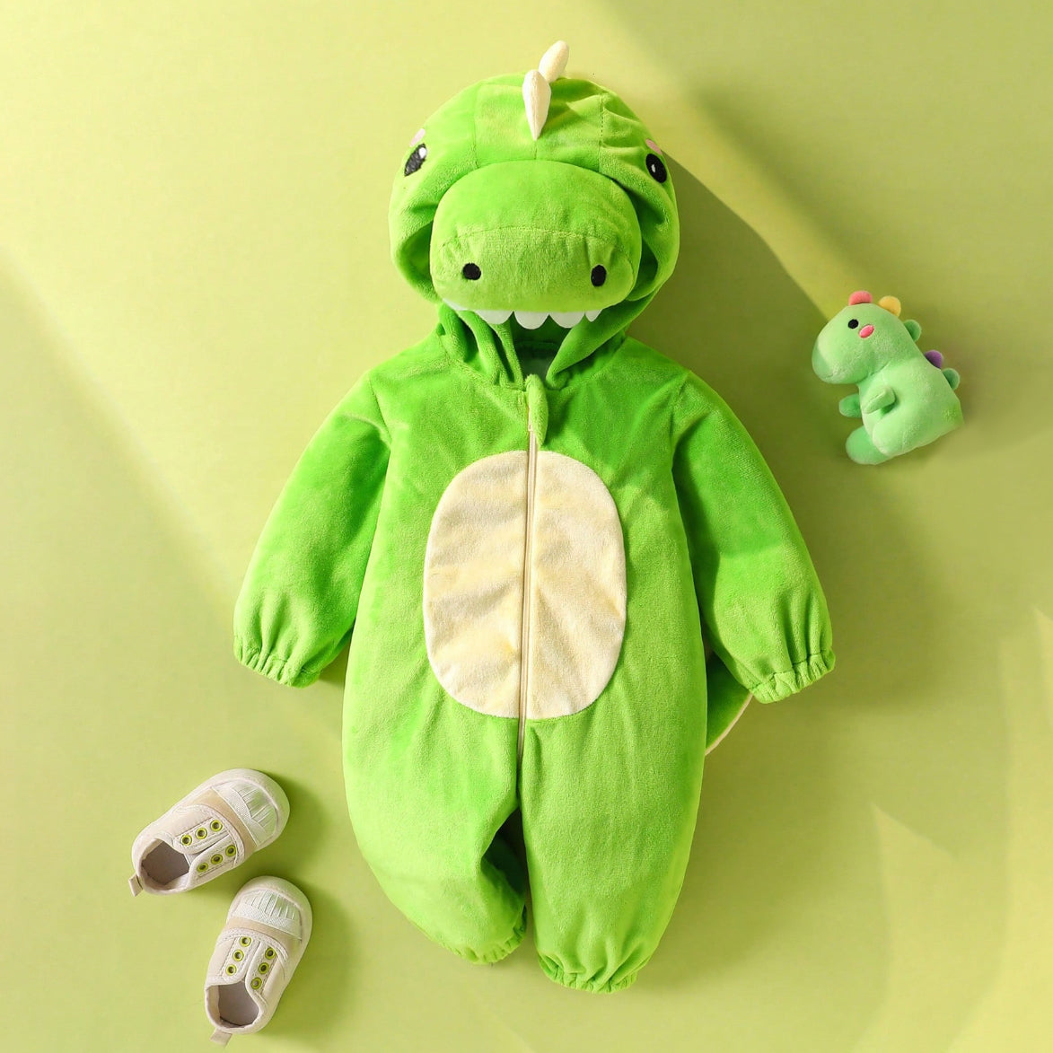 3D Fuzzy Dinosaur Design Zipper Hoodie Baby Jumpsuit