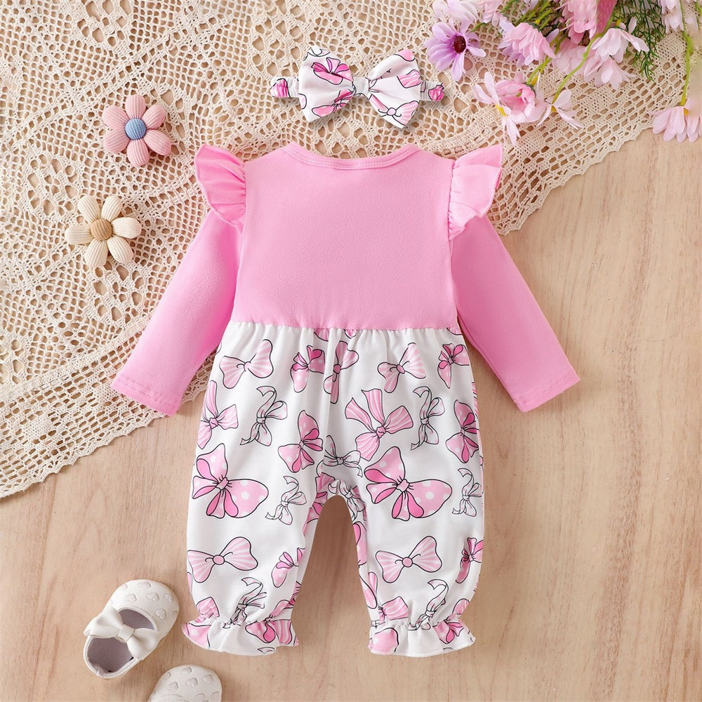 2PCS Playful Bow Printed Long Sleeve Baby Girl Jumpsuit