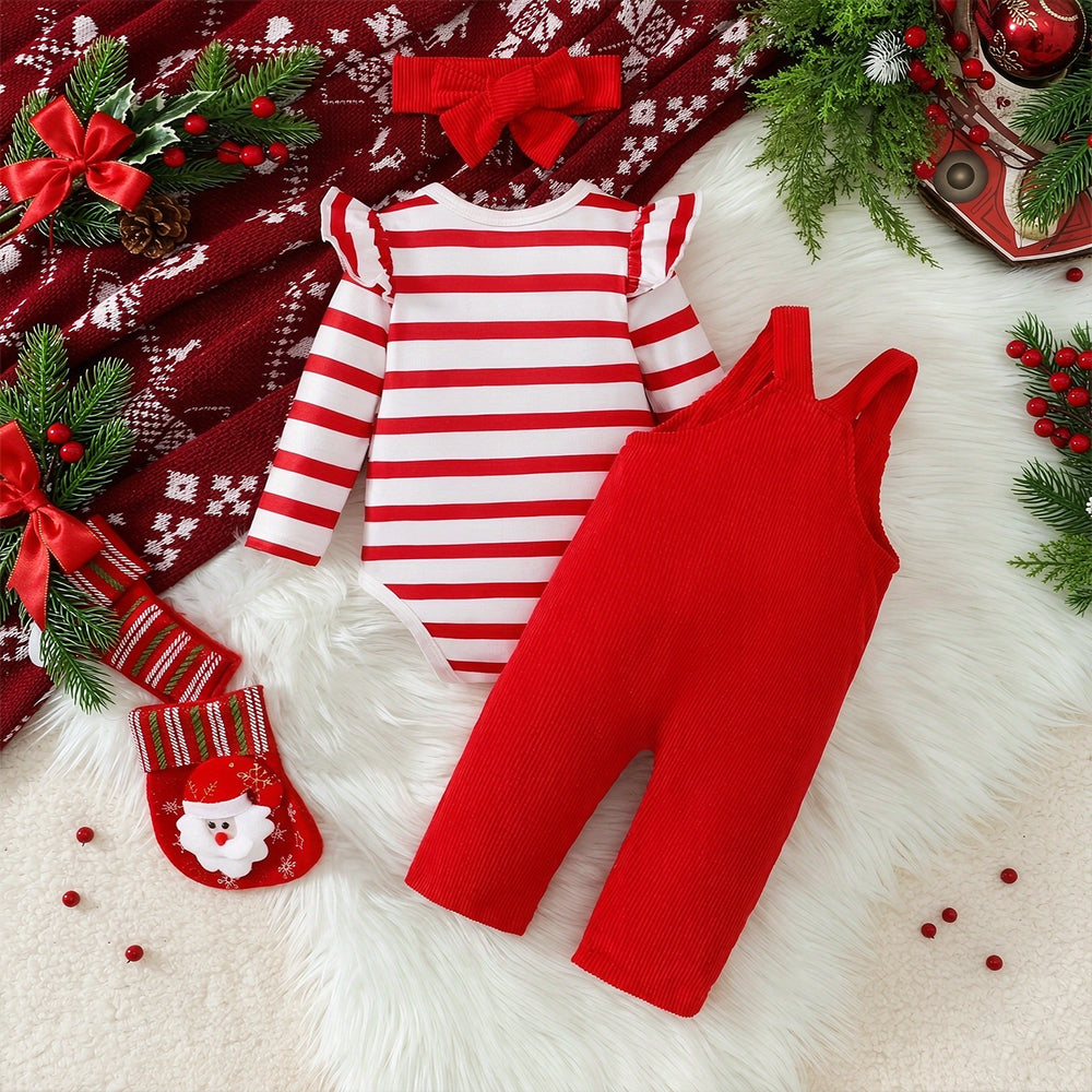 3PCS "MERRY" Embroidery Santa Applique Striped Baby Girl Overalls Set