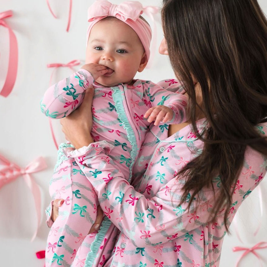 2PCS Grace Bow Floral Printed Zipper Baby Jumpsuit