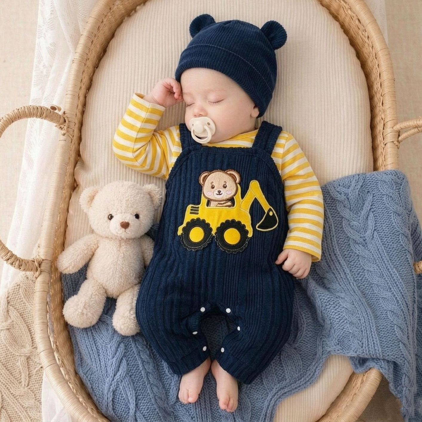 2PCS Lovely Bear Excavator Embroidery Long Sleeve Baby Set