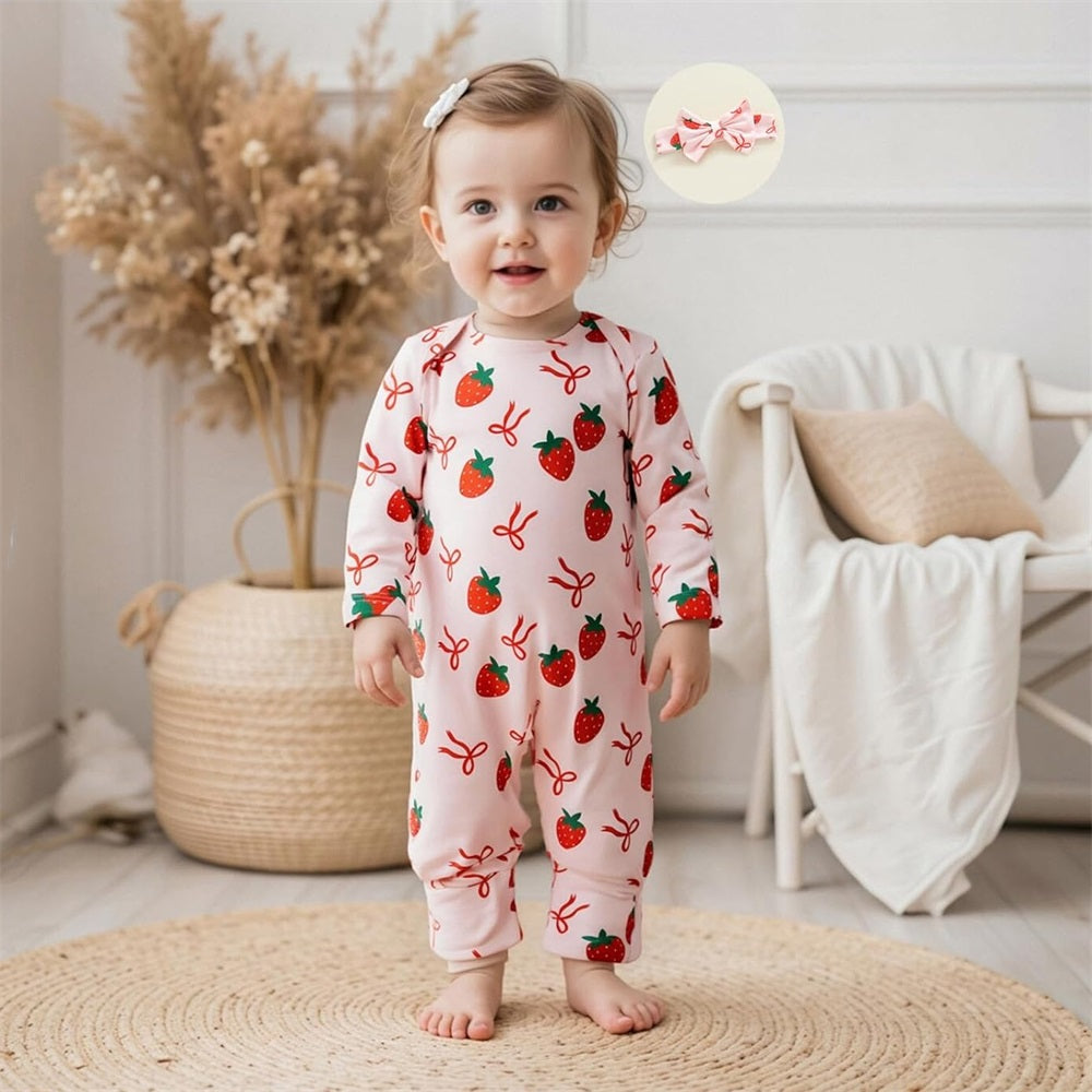 2PCS Sweet Strawberry Bow Print Long Sleeve Baby Jumpsuit