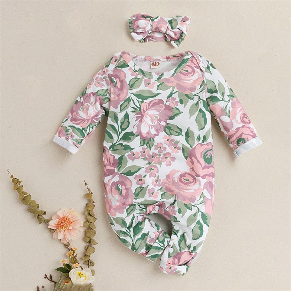2PCS Fashion Casual Floral Print Long Sleeve Baby Jumpsuit