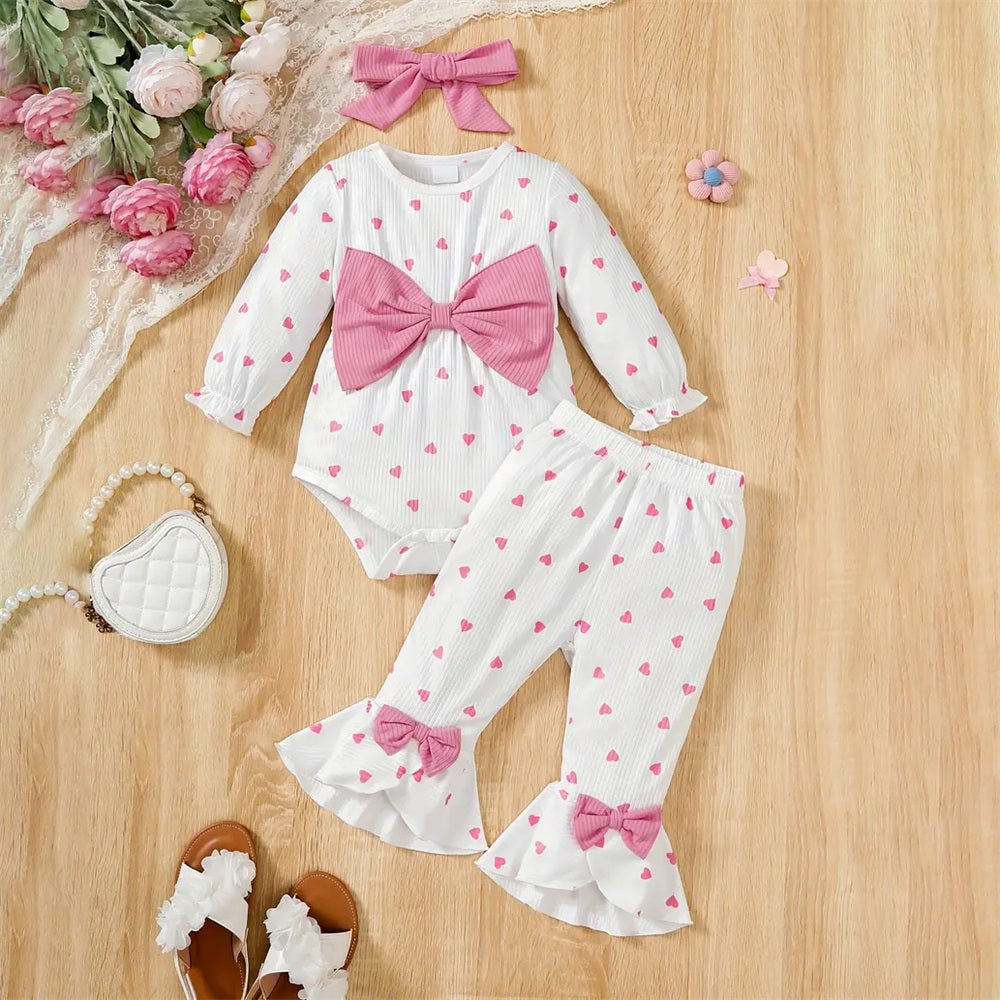 3PCS Cute Sweet Heart Print Bow Decor Long Sleeve Baby Set