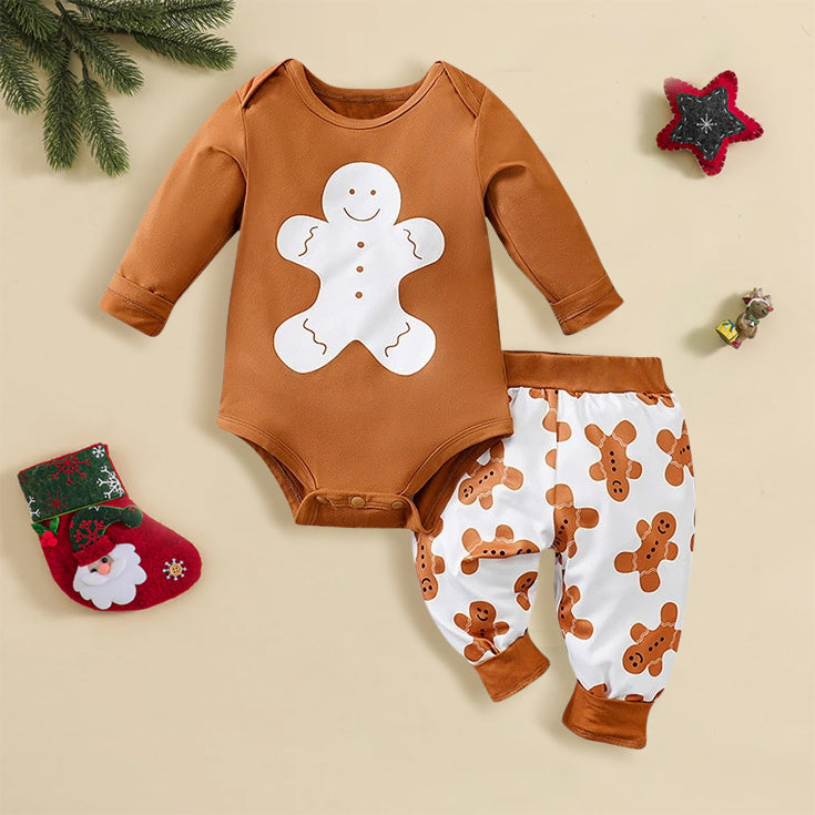 2PCS Christmas Gingerbread Man Printed Long Sleeve Baby Set