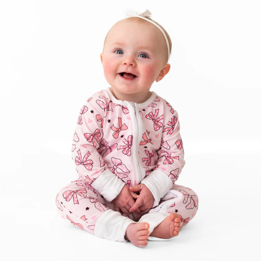 Cheerful Bow Print Zipper Long Sleeve Baby Jumpsuit
