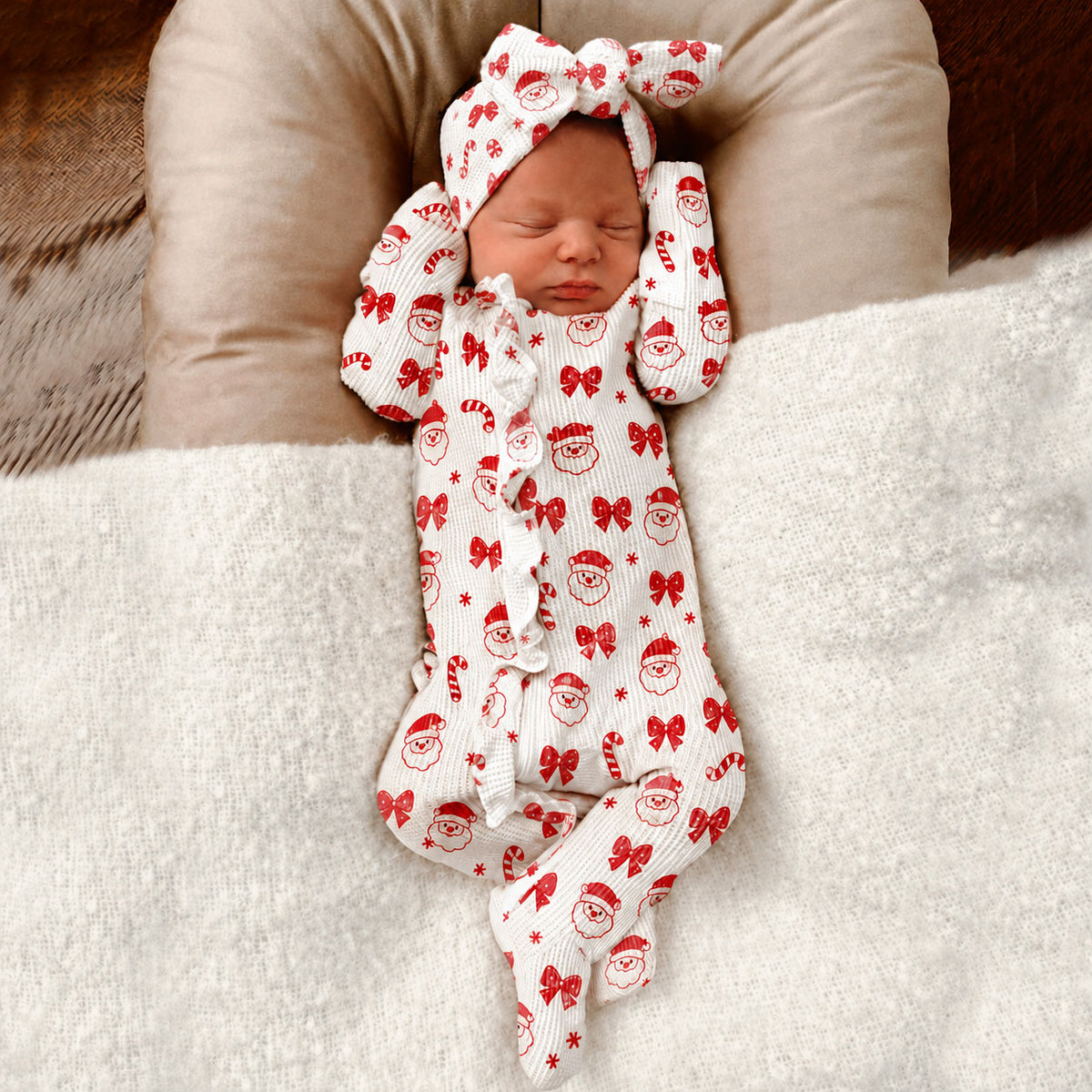 2PCS Christmas Bow Candy Cane Santa Claus Printed Zipper Baby Jumpsuit