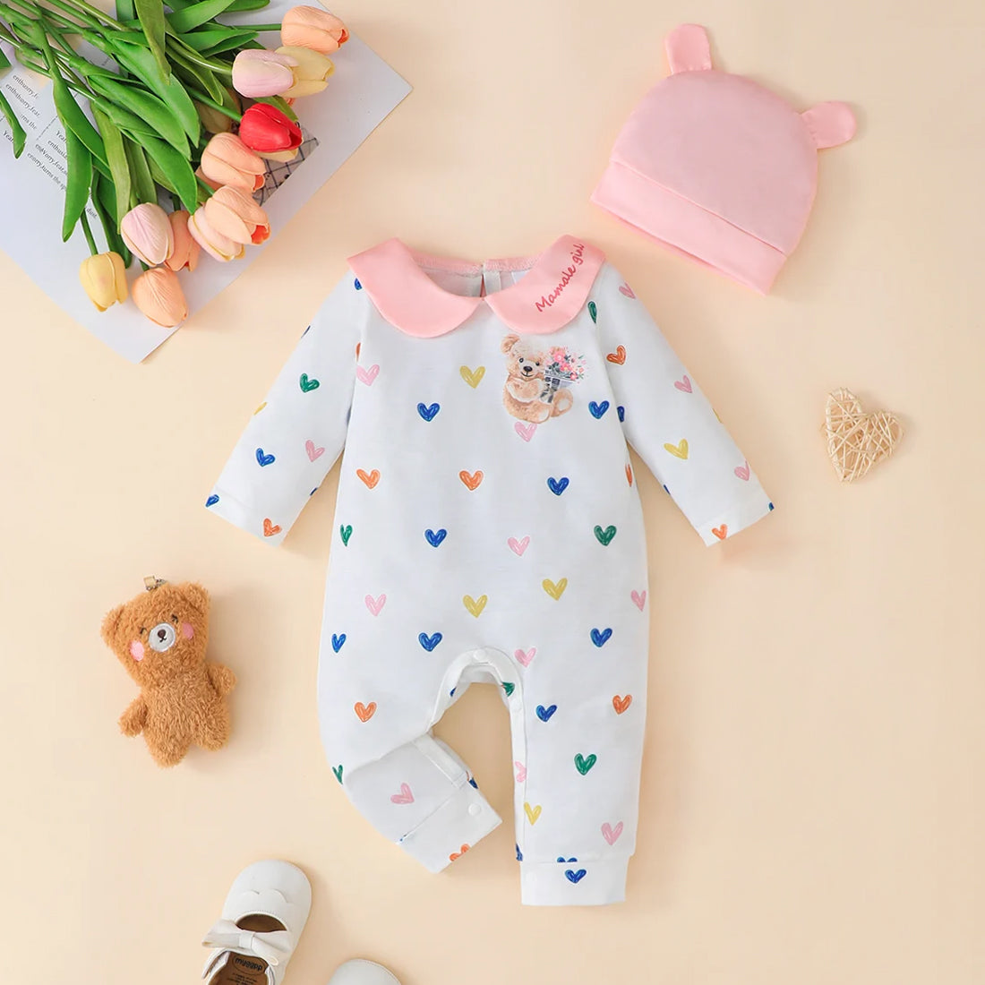 2PCS Cute Heart Bear Printed Baby Jumpsuit