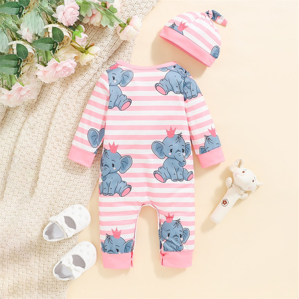 2PCS Lovely Elephant Print Striped Long Sleeve Baby Jumpsuit