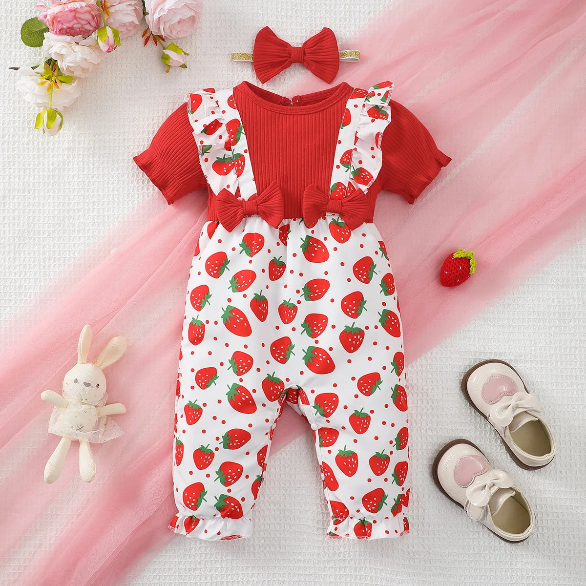 2PCS Sweet Strawberry Print Short Sleeve Baby Jumpsuit