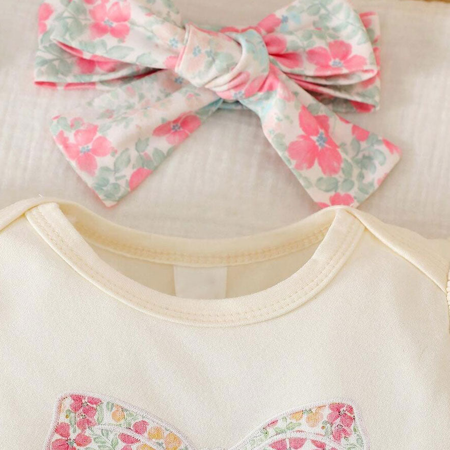 3PCS Pretty Bow Floral Printed Long Sleeve Baby Girl Set