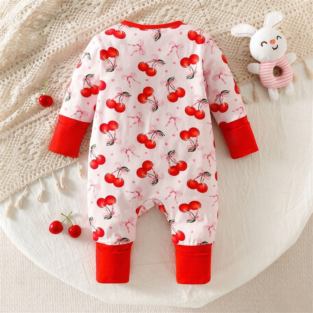 Vibrant Cherry Bow Printed Long Sleeve Zipper Baby Jumpsuit