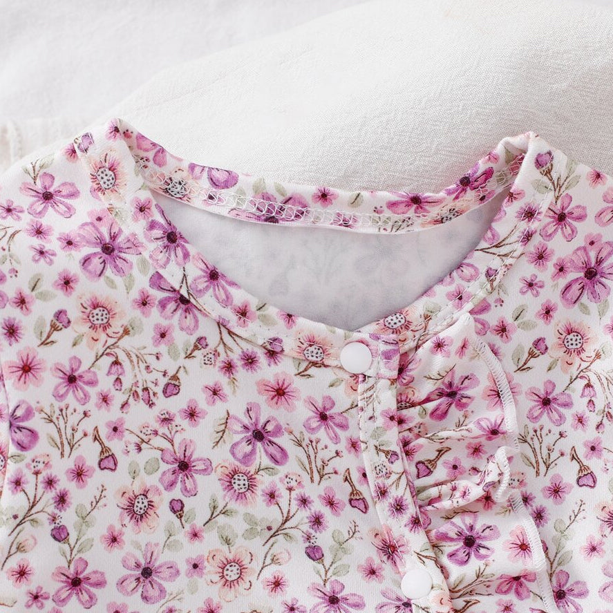 2PCS Romantic Floral Print Ruffle Long Sleeve Baby Zipper Jumpsuit