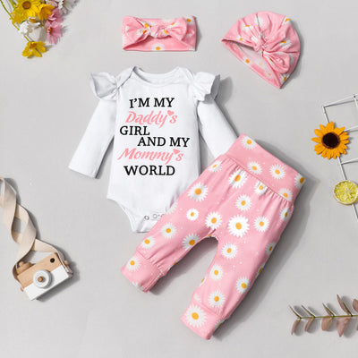4PCS Daddy's Girl Letter Floral Printed Baby Girl Set