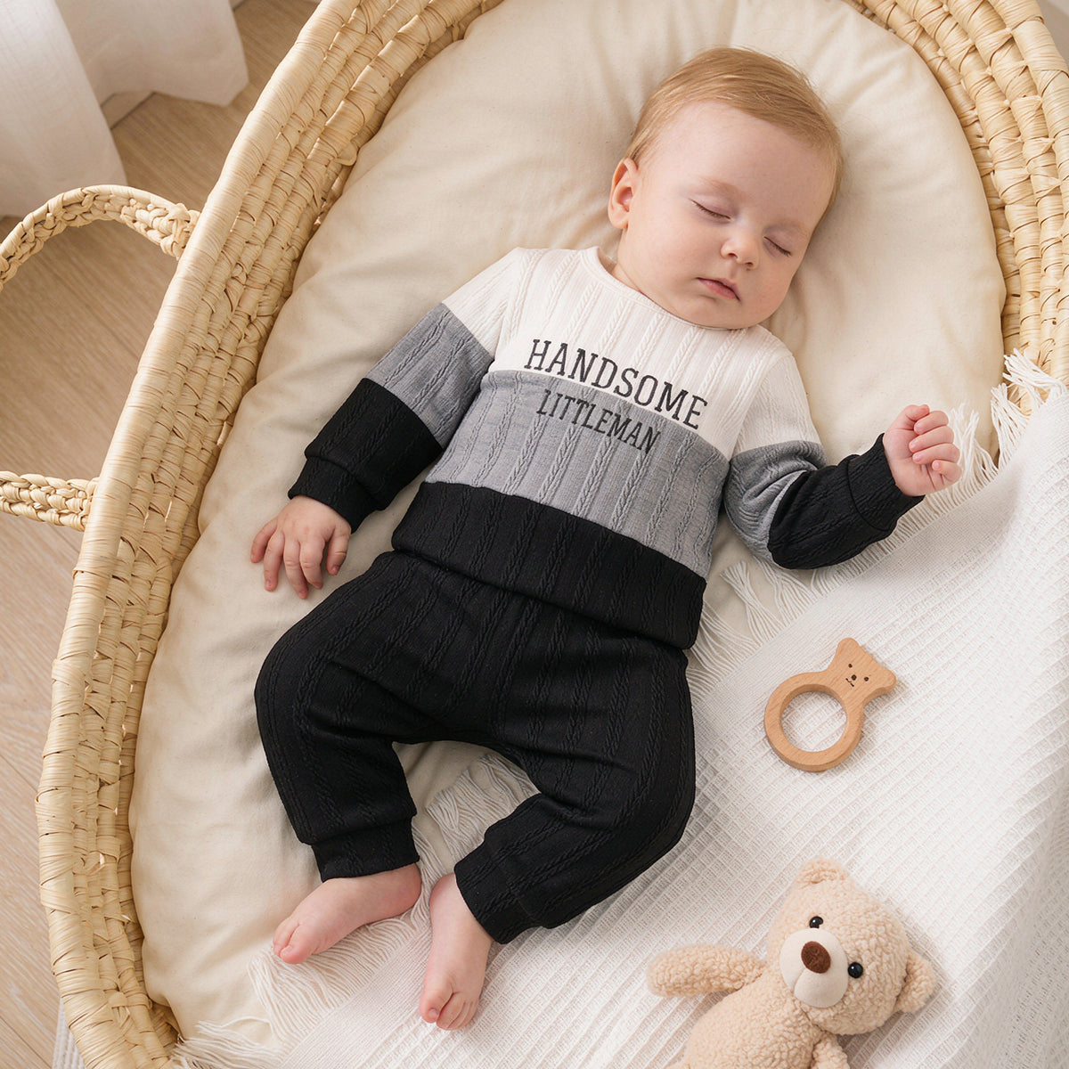 2PCS Handsome Littleman Letter Color Block Long Sleeve Knit Baby Set