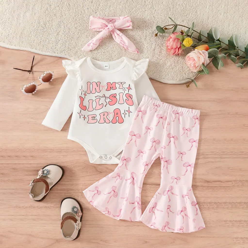 3PCS In My Lil Sis Era Letter Bowknot Printed Long Sleeve Baby Set