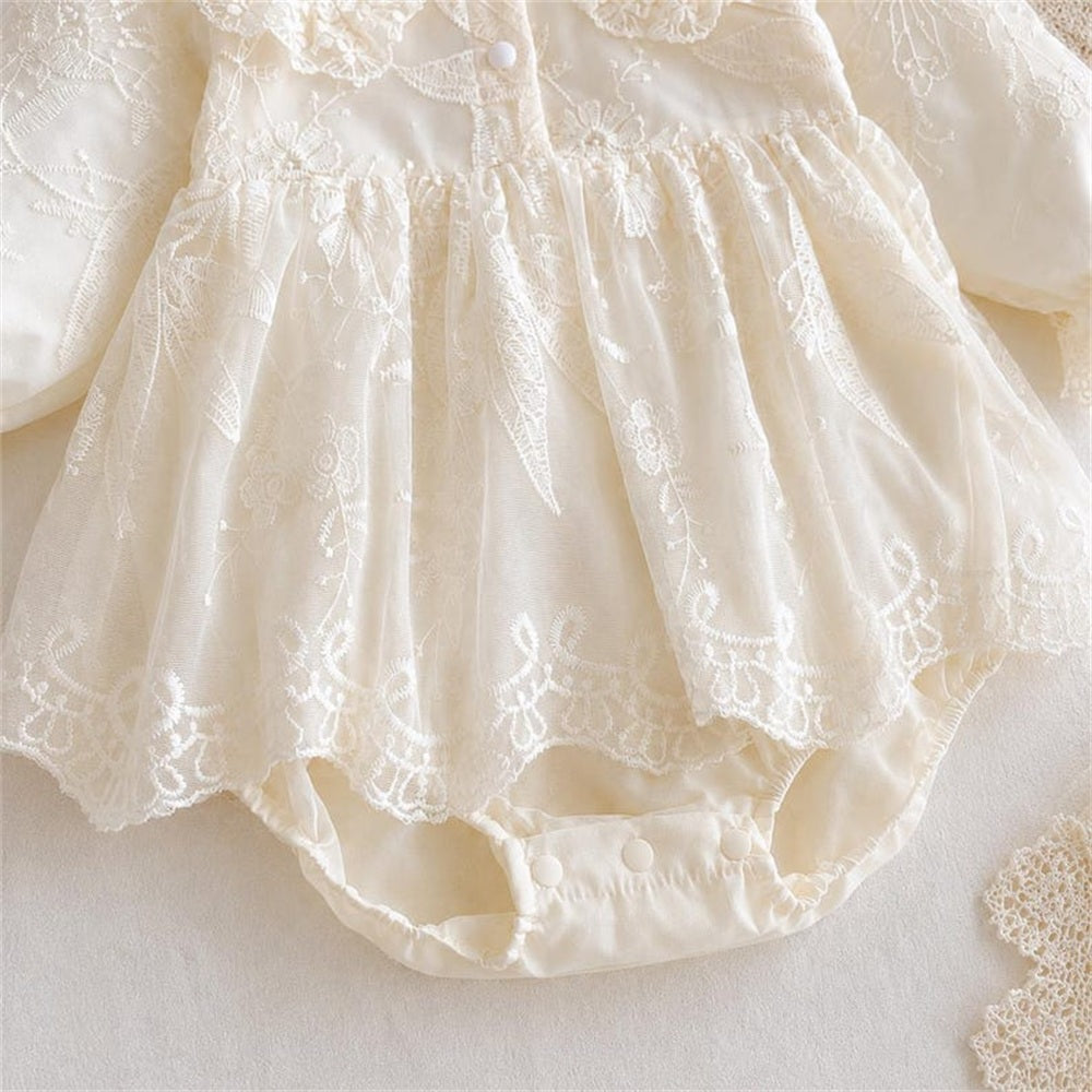Gorgeous Solid Color Long Sleeve Floral Embroidery Baby Romper
