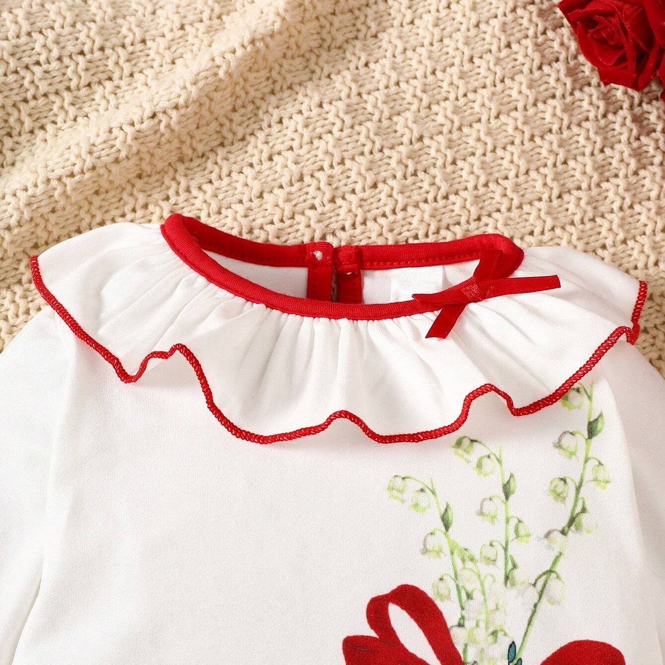 2PCS Sweet Contrast Color Ruffle Collar Bow-Tie Printed Baby Jumpsuit