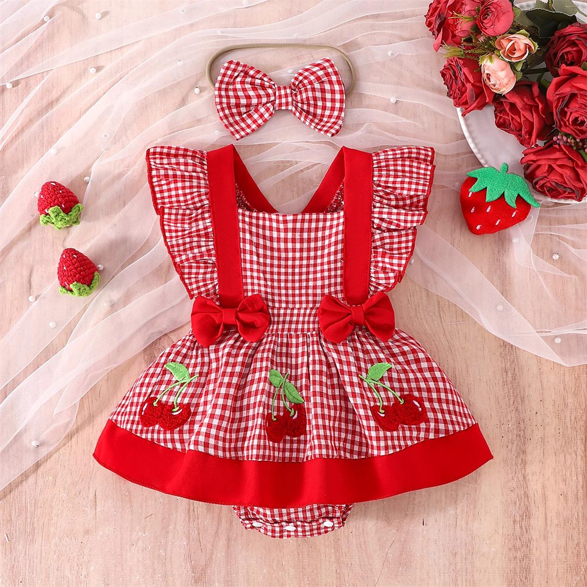 2PCS Sweet Cherry Plaid Printed Sleeveless Baby Romper