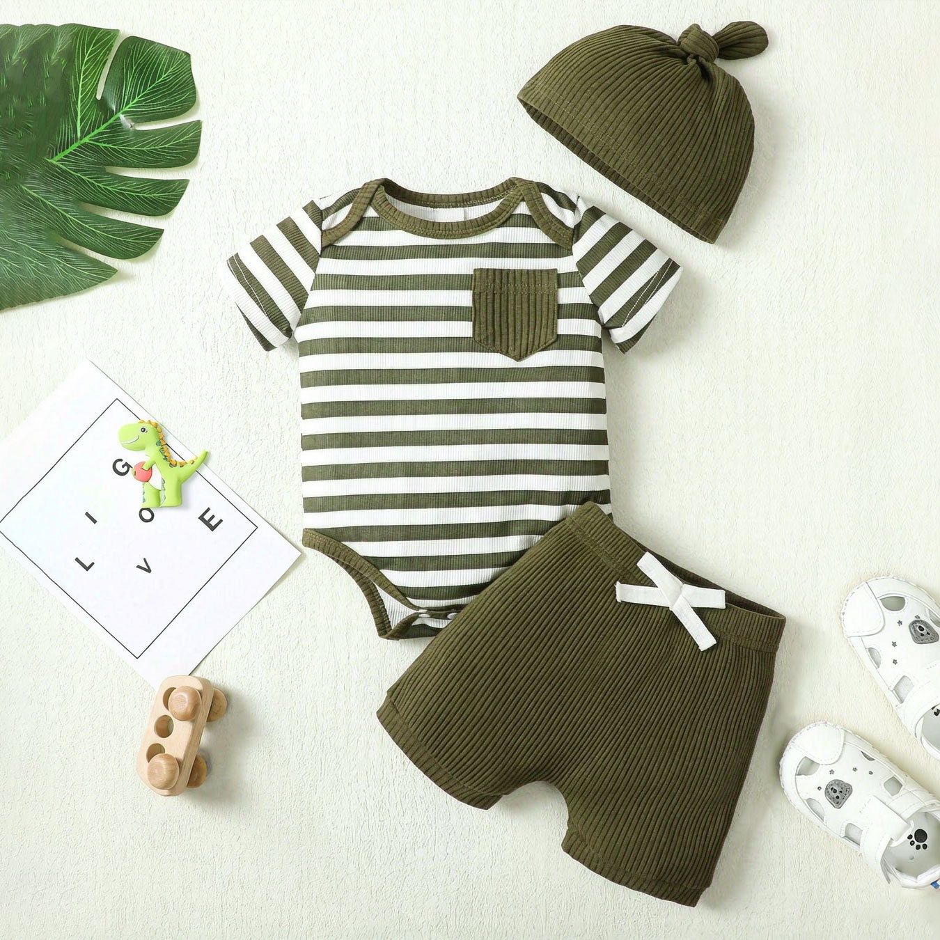 3PCS Comfy Stripe Printed Short Sleeve Baby Set