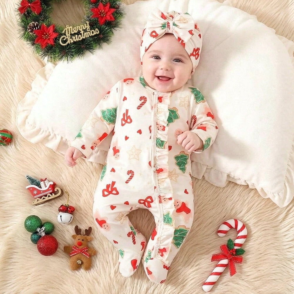 2PCS Gingerbread Man Bow Print Long Sleeve Christmas Baby Girl Jumpsuit
