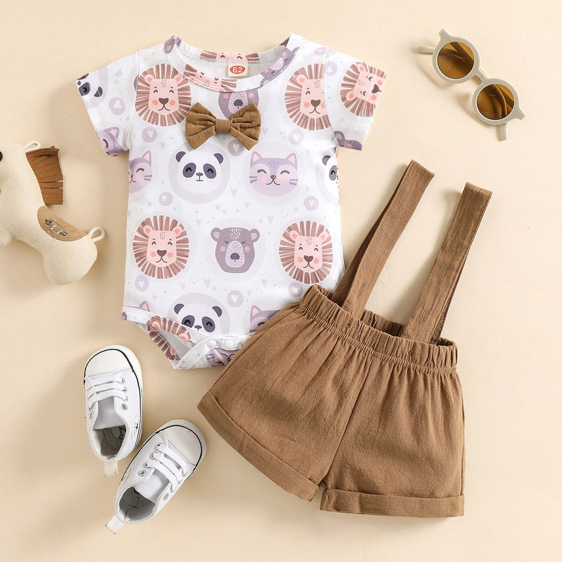 2PCS Animal Print Bow Overalls Baby Set