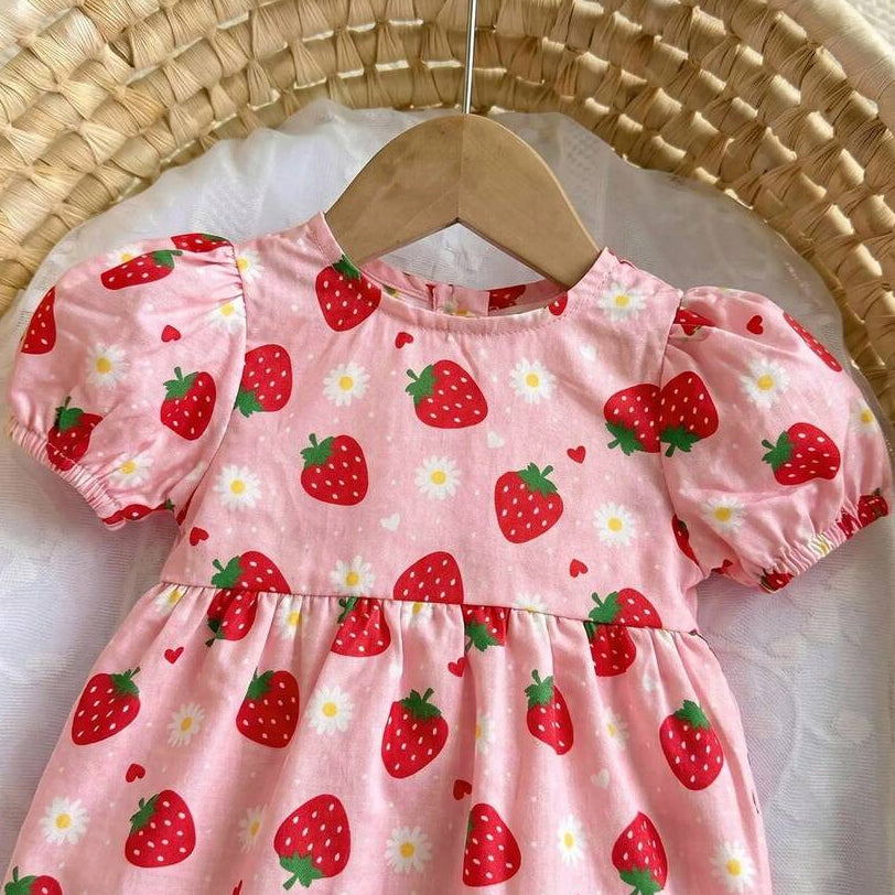 Elegant Strawberry Print Short Sleeve Baby Jumpsuit