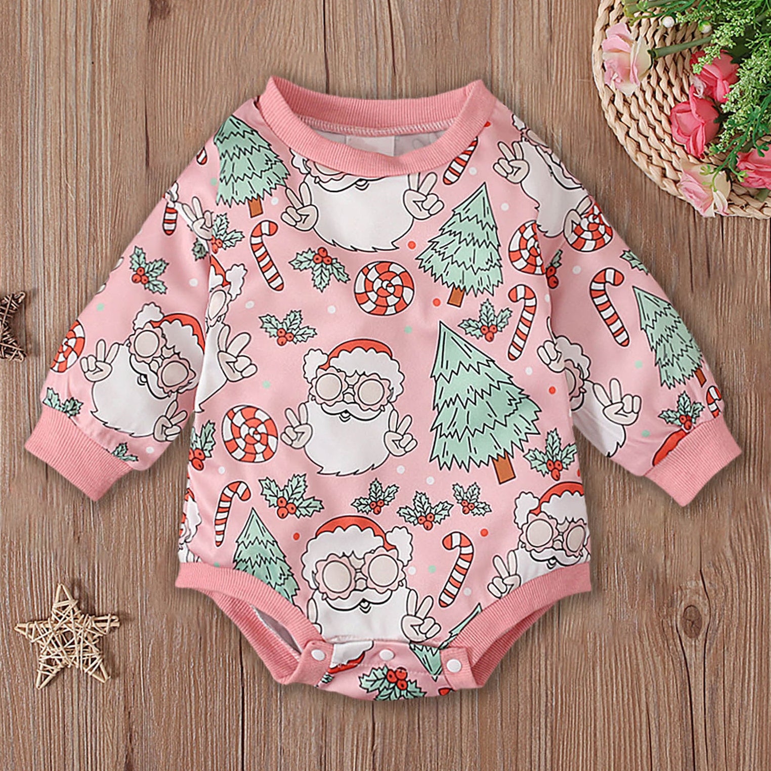 Christmas Tree and Santa Claus Printed Long Sleeve Baby Romper