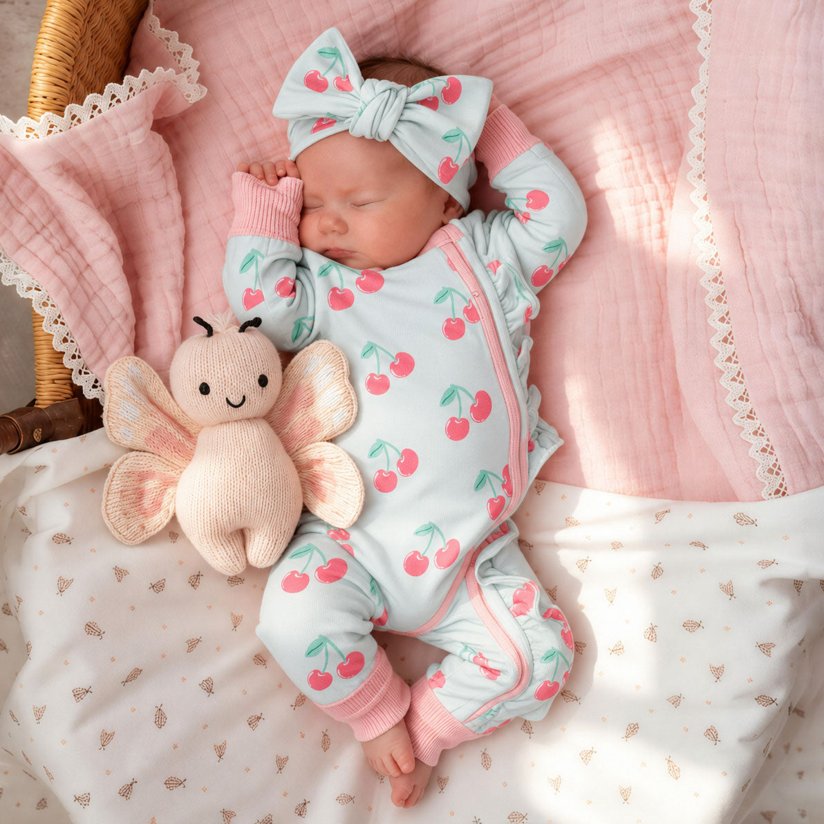 2PCS Sweet Cherry Printed Ruffle Zipper Long Sleeve Baby Jumpsuit