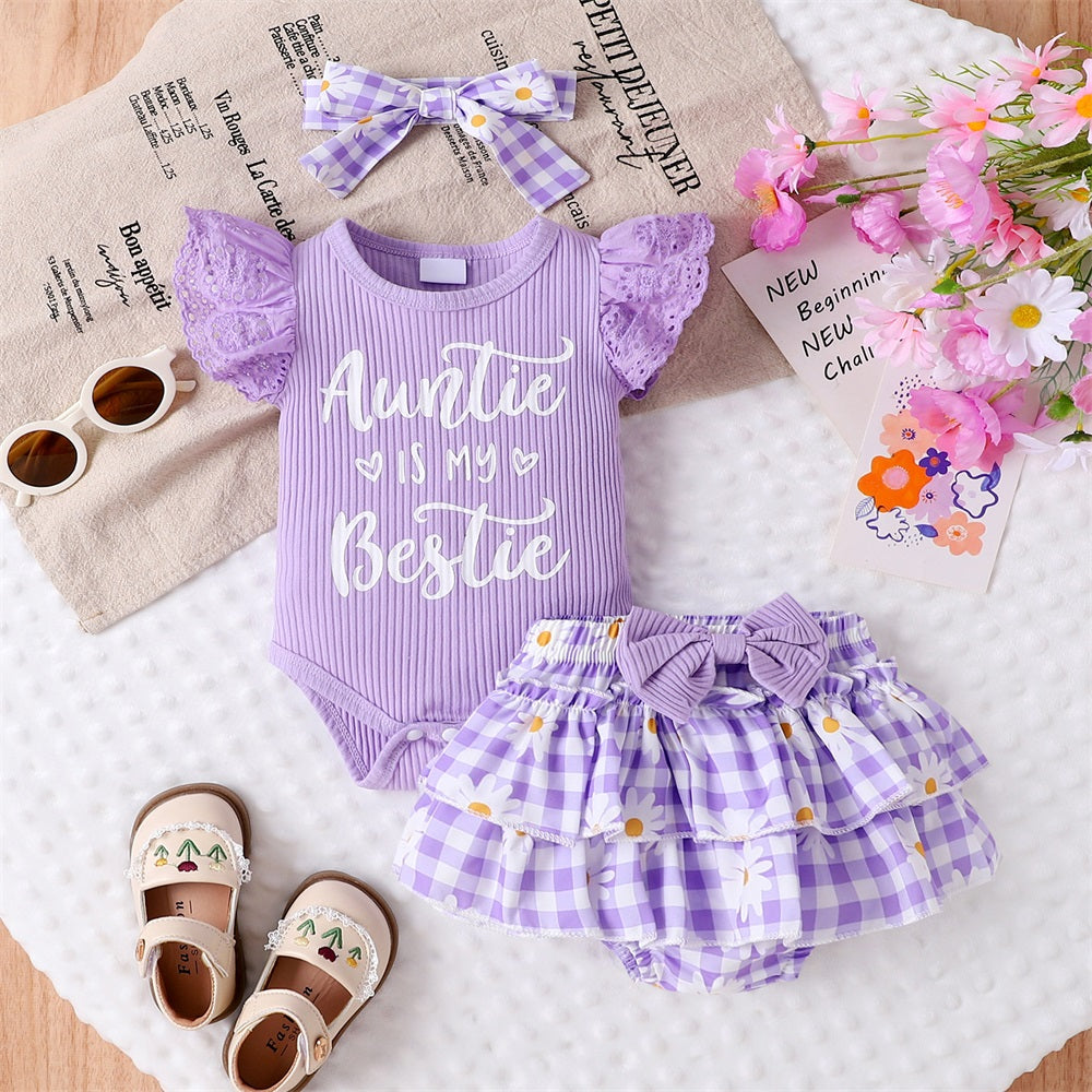3PCS Auntie Is My Bestie Letter Floral Printed Plaid Fly Sleeve Baby Set