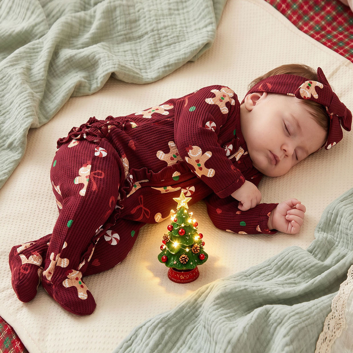 2PCS Cute Christmas Gingerbread Printed Long Sleeve Baby Jumpsuit