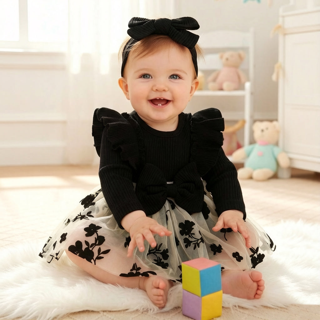 2PCS Elegant Floral Appliqué Tulle Long Sleeve Baby Romper