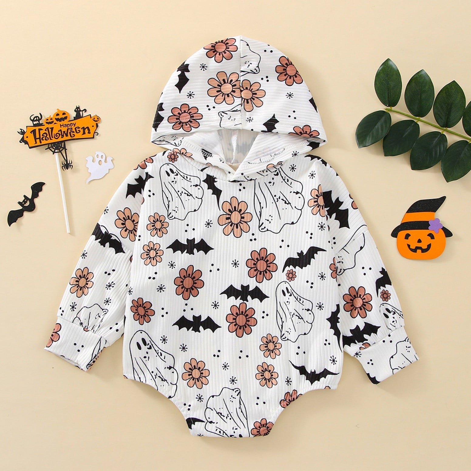 Halloween Ghosts and Bats Printed Hoodie Long Sleeve Baby Romper