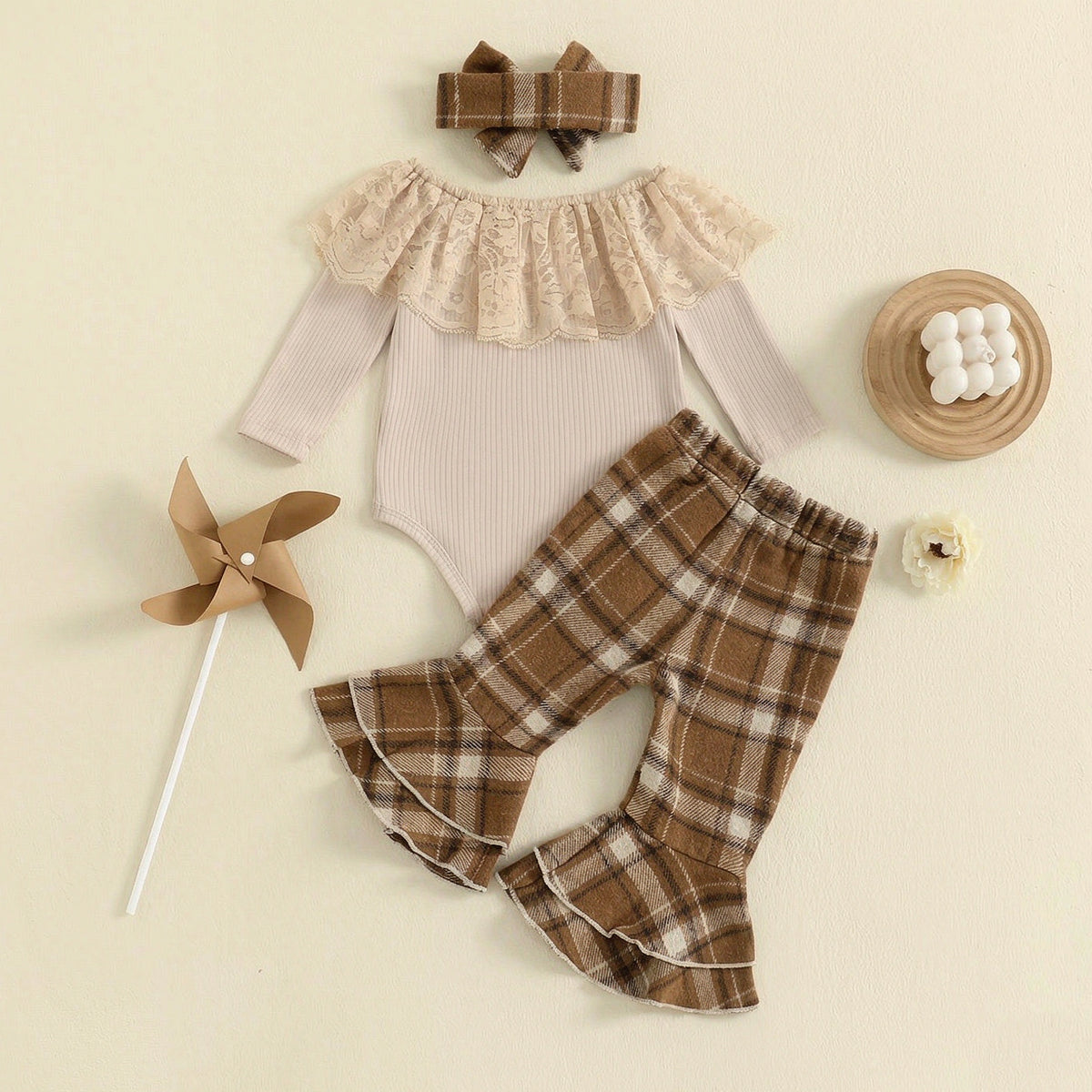 3PCS Pretty Plaid Print Lace Trim Long Sleeve Baby Girl Set