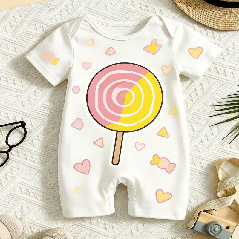 Lovely Lollipop Print Short Sleeve Baby Jumpsuit