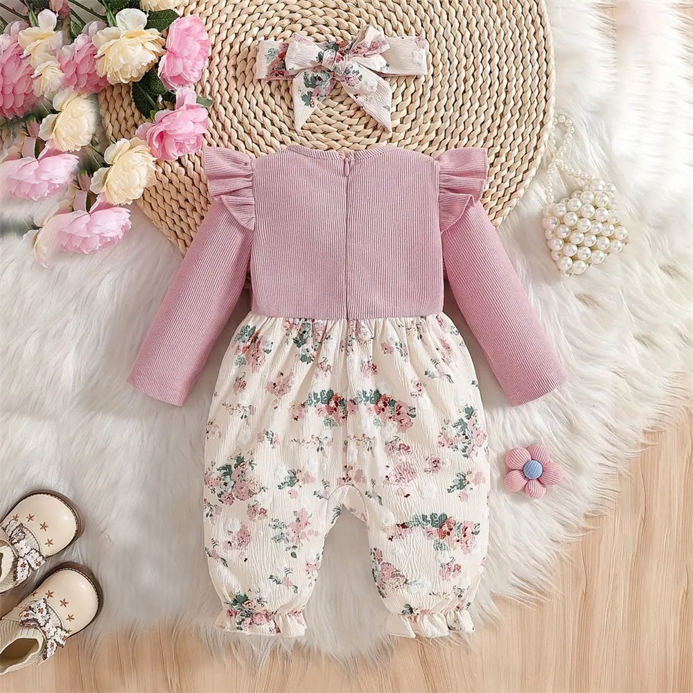 2PCS Floral Print Bow Decor Long Sleeve Baby Jumpsuit