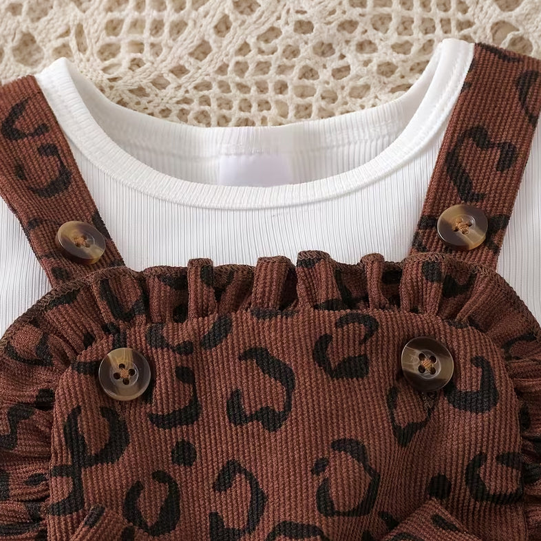 2PCS Chic Baby Girl Leopard Printed Long Sleeve Corduroy Overalls Set