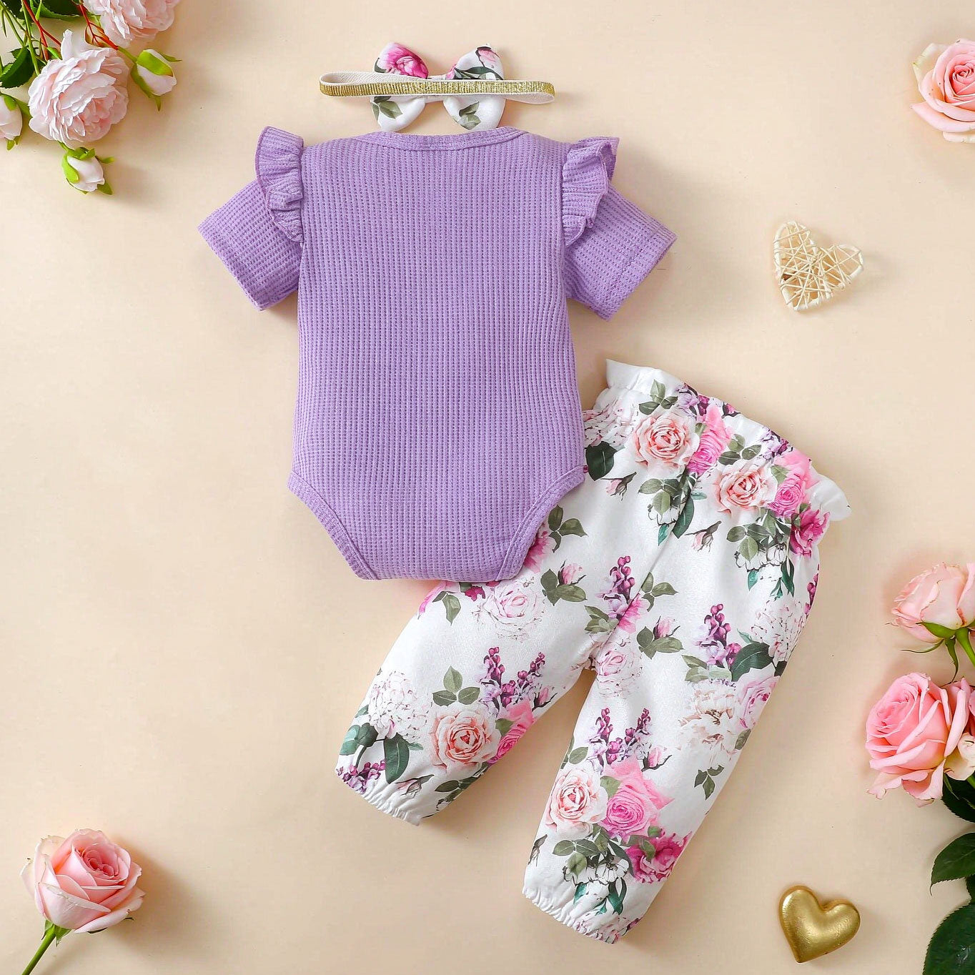 3PCS Adorable I Got It From My Letter Floral Printed Short Sleeve Baby Set