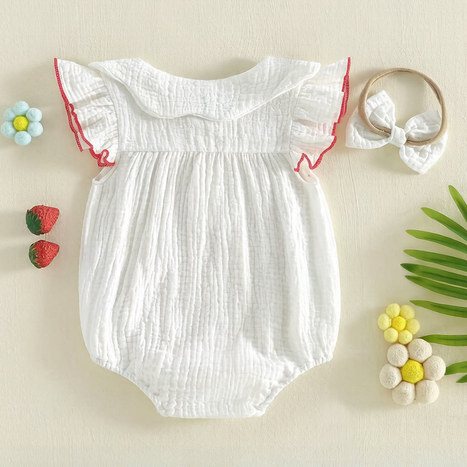2PCS Lovely Strawberry Embroidery Flounce Sleeve Baby Romper