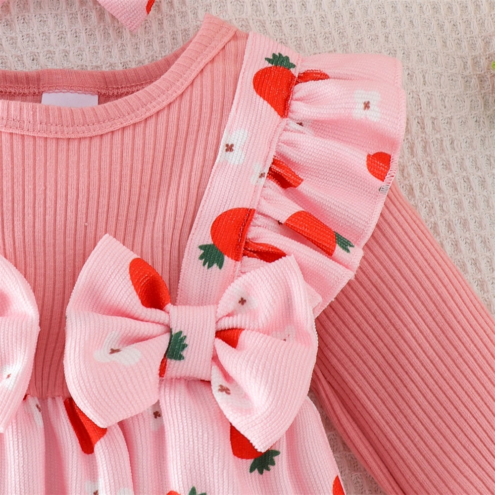 2PCS Sweet Strawberry Print Bow Long Sleeve Baby Jumpsuit