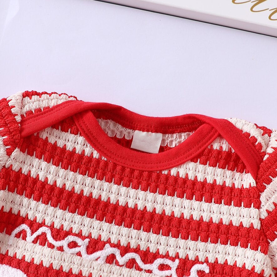 2PCS Mama's Baby Letter Applique Striped Knit Baby Christmas Jumpsuit