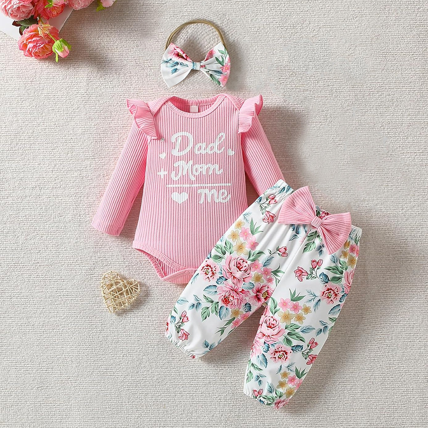 3PCS Dad+Mom Me Letter Floral Print Long Sleeve Baby Set