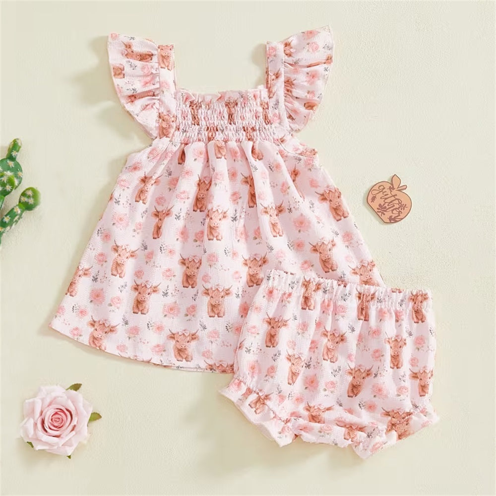 2PCS Cute Cattle and Floral Print Sleeveless Baby Set