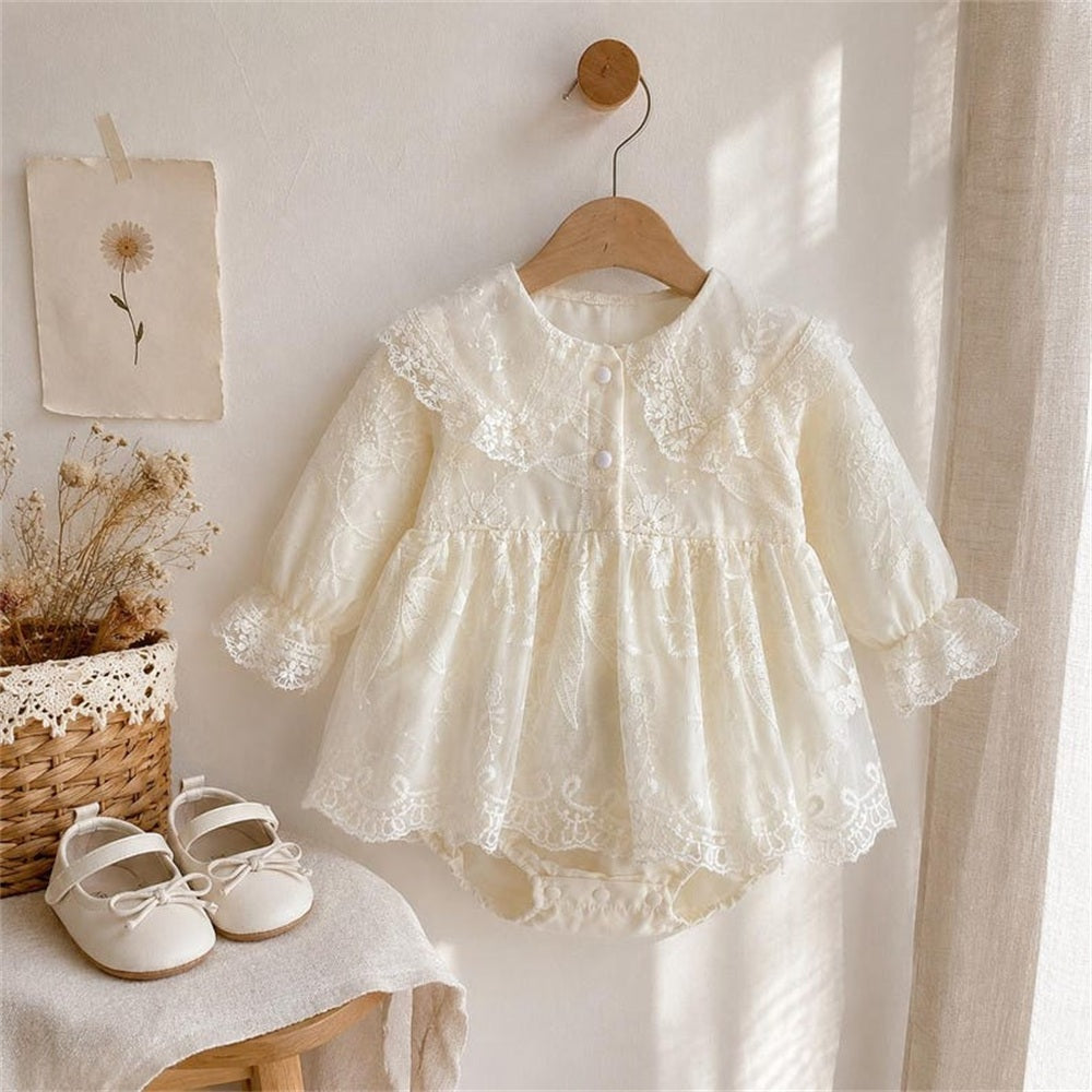 Gorgeous Solid Color Long Sleeve Floral Embroidery Baby Romper